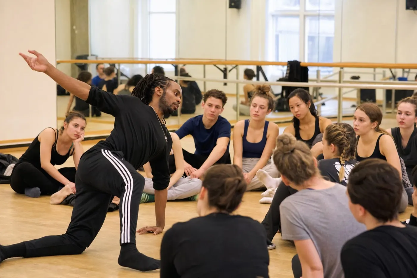A guest teacher demonstrating a contemporary movement low to the floor while a circle of teenage dancers sits around him watching attentively in a sunlit studio