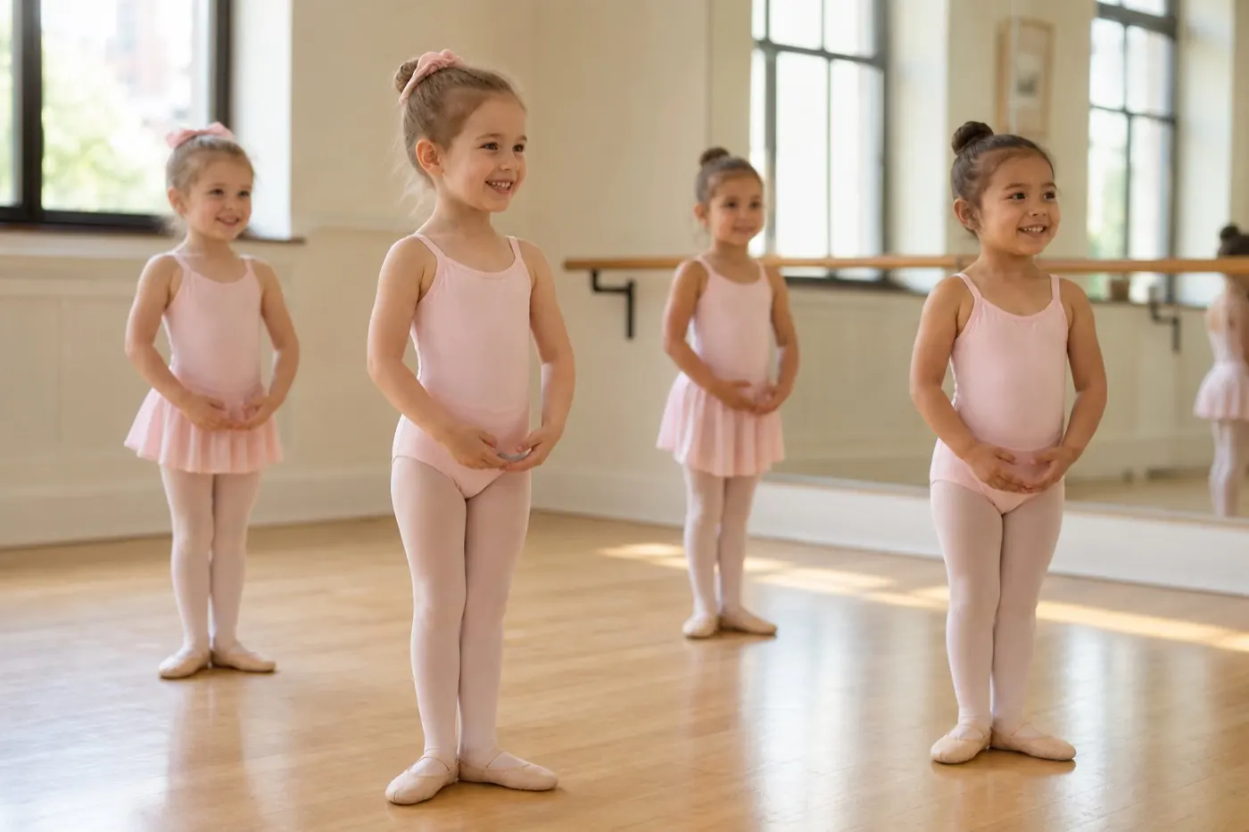 Four young girls in pink leotards and tights standing in a sunlit ballet studio, smiling, with the ballet barre and large windows behind them