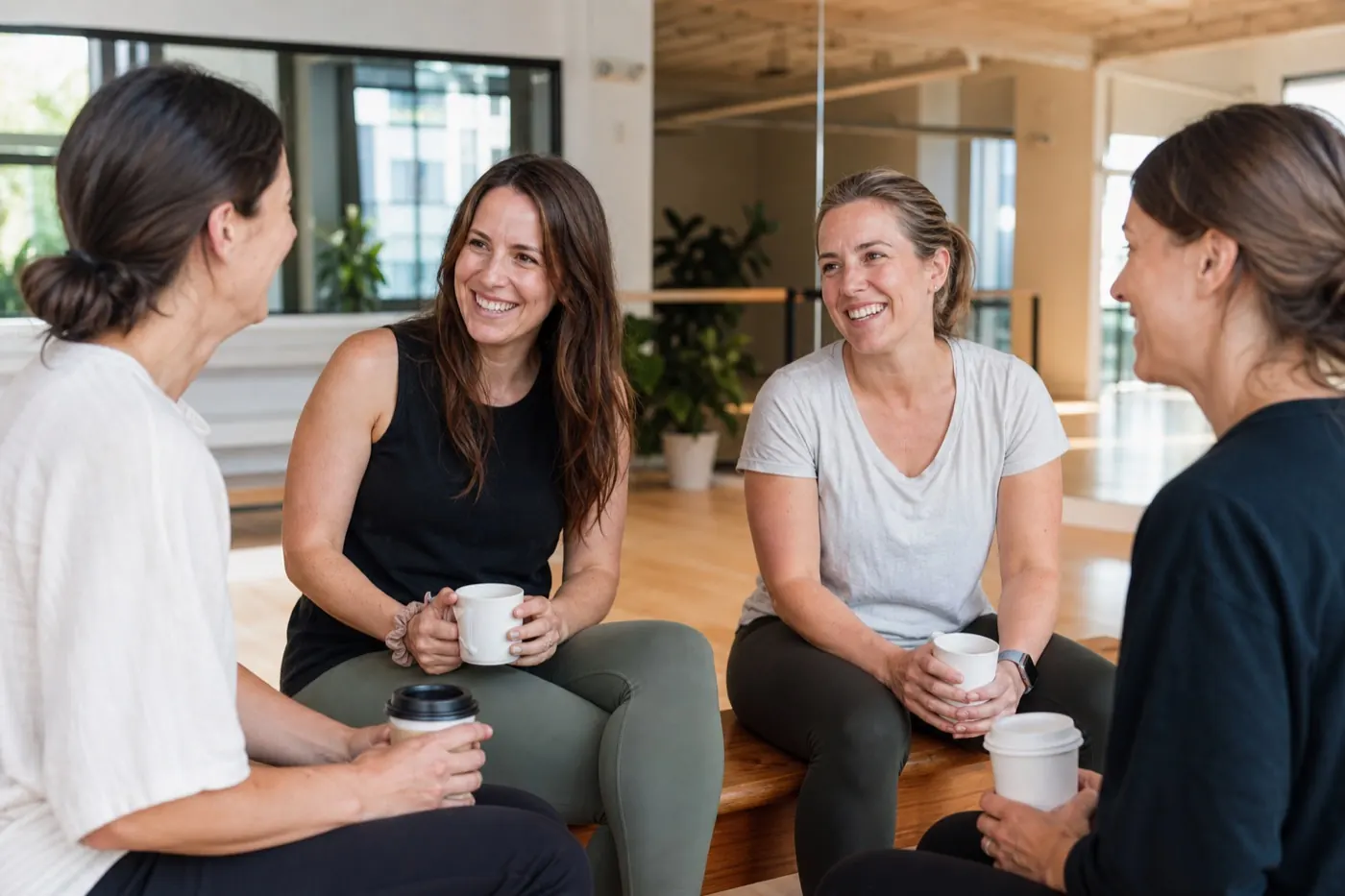 Four mothers in casual neutral clothing sitting on a wooden bench in a sunlit dance studio lobby, chatting and laughing over coffee