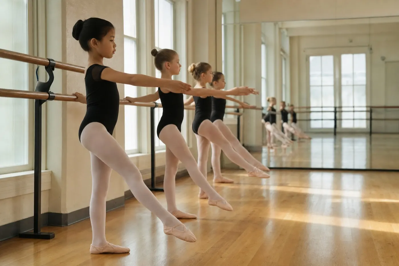 A line of young dancers in black leotards and pink tights at the ballet barre, working on tendu in profile, in a sunlit studio with tall windows and mirrored walls
